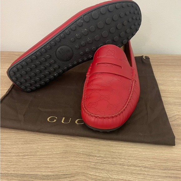 Gucci Red Leather Penny Loafers Logo Stamp rubber sole Men's Size 9.5 G - Picture 7 of 9